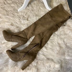 Tan suede over the knee, heeled tie, back boot